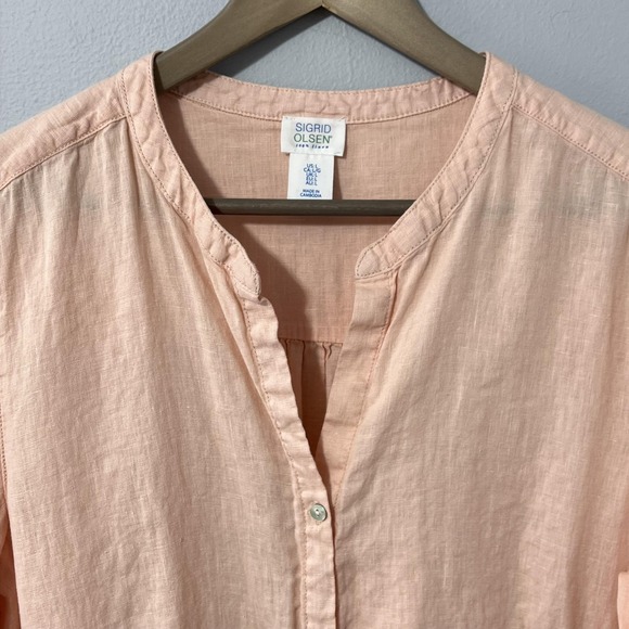 Sigrid Olsen Linen Top Women Large Peach Tunic Pockets Roll Tab Sleeve - Picture 2 of 12